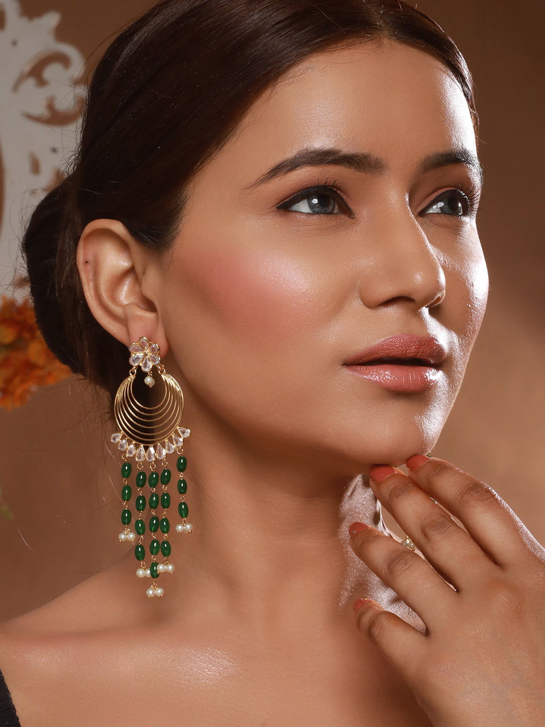 24K Gold Plated Kundan & Green Pearl Beaded Light Weight Bridal Floral Chandbali Earrings